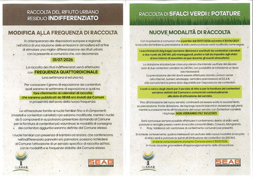 Nuove modalità di raccolta rifiuti indifferenziati e sfalci verdi a far data dal 01.07.2026