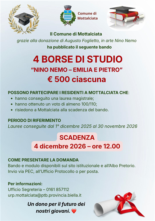 Bando Pubblico per l'assegnazione di Borse di Studio -  Nino Nemo â€“ Emilia e Pietro Foglietto